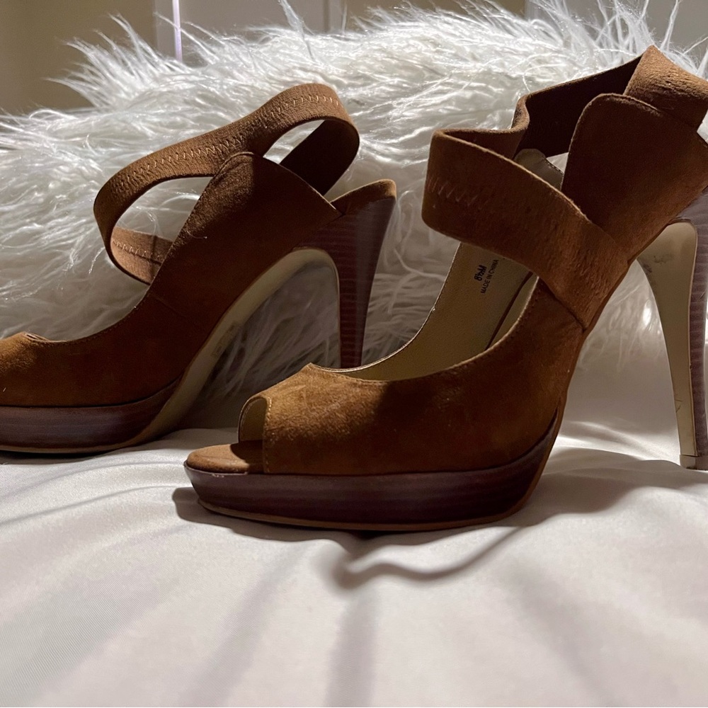 Cognac, suede heels with 4” wooden heel - Picture 8 of 9